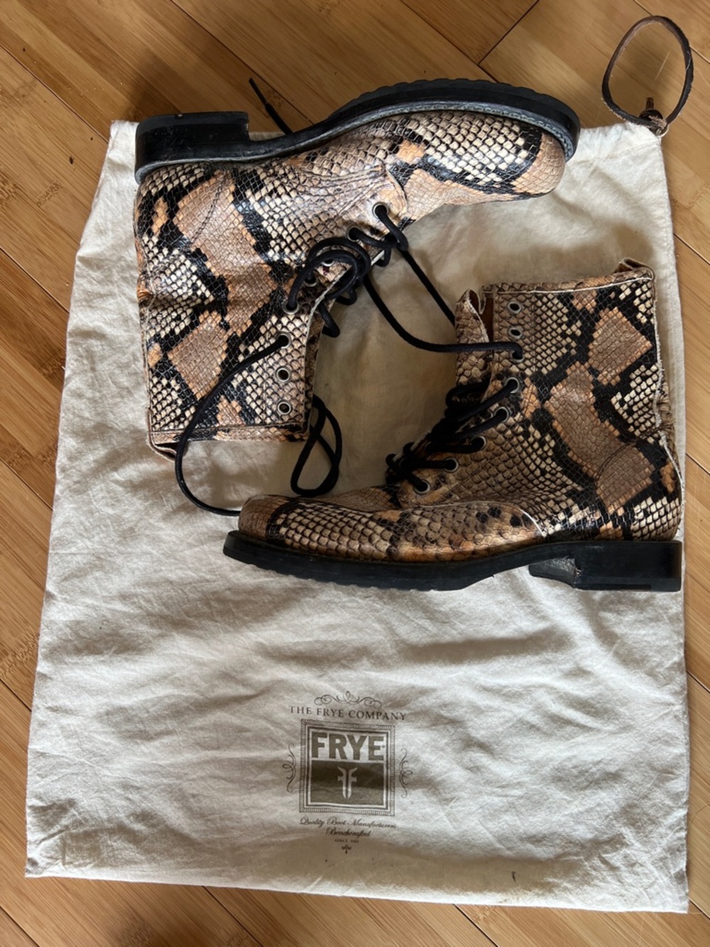 Frye Snake-Print Lace-Up Combat Boots in Tan and Black, women’s size 7.